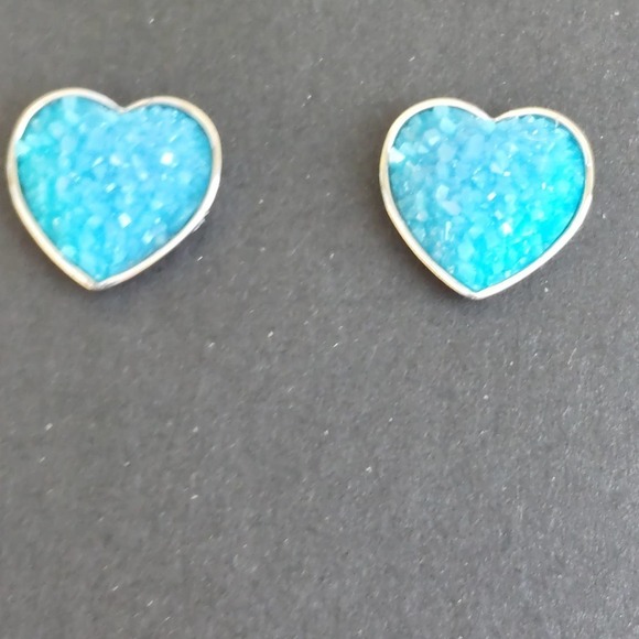 5/$25 Heart Shaped Druzy Earrings Aqua Blue Silver Studs Hearts Earrings NEW - Picture 2 of 2
